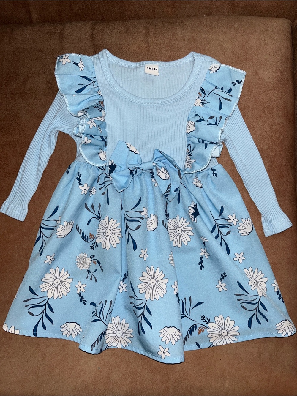 SHEIN Light Blue Floral Ruffle Bow Dress